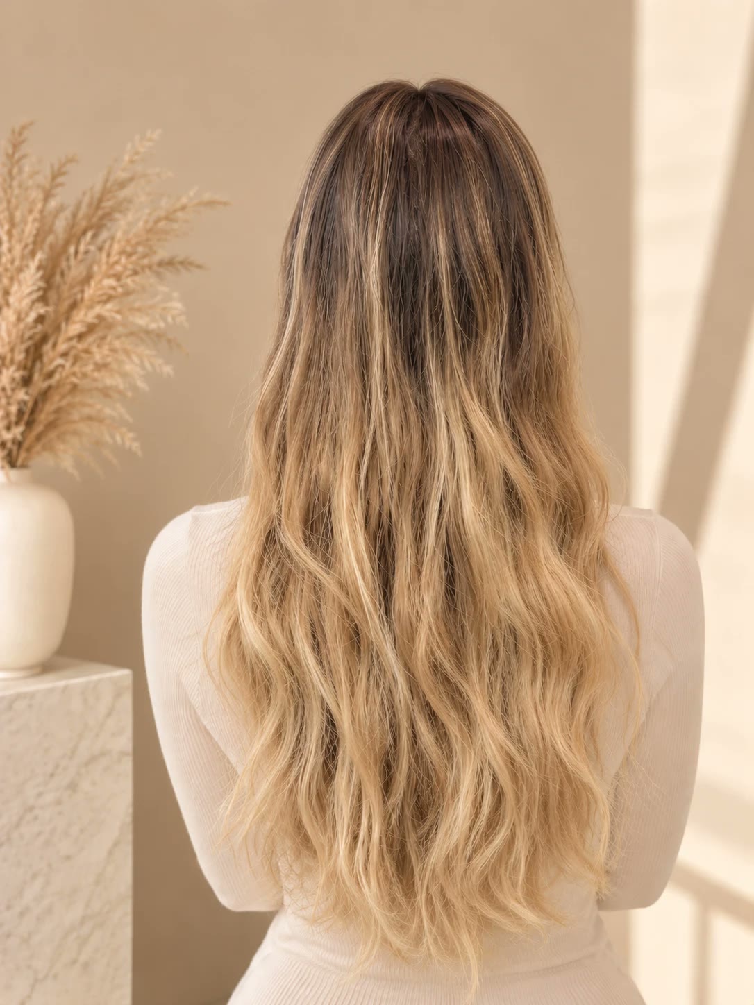 Long brown-to-blonde ombré waves