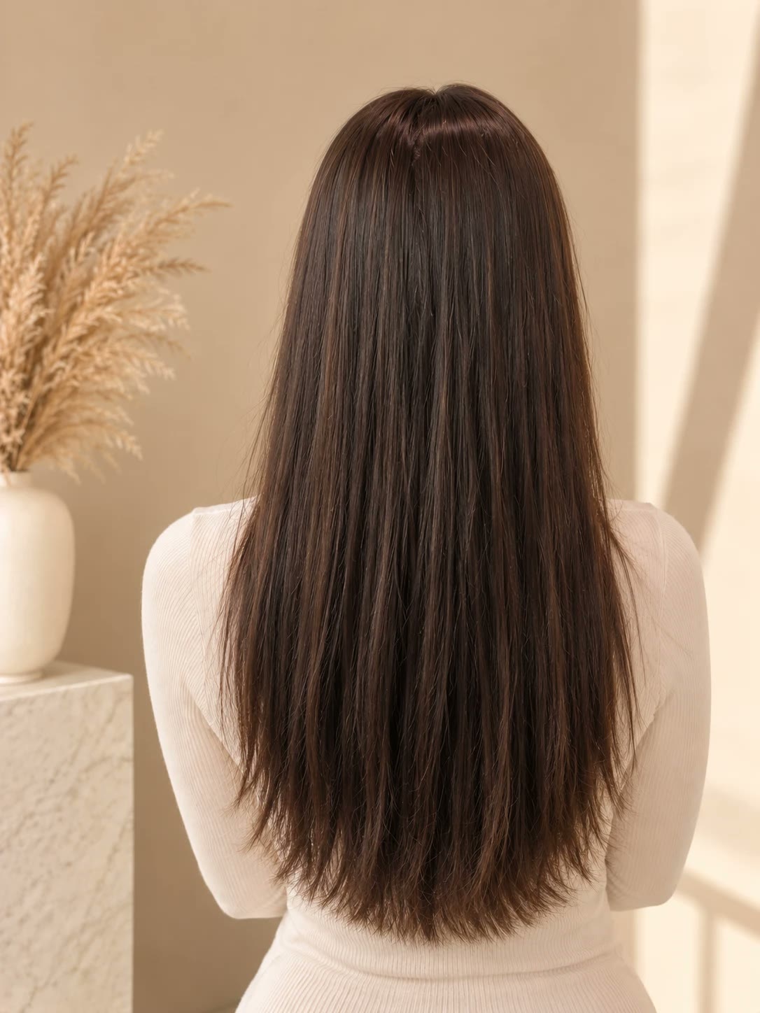 Long, sleek dark chocolate-brown hair