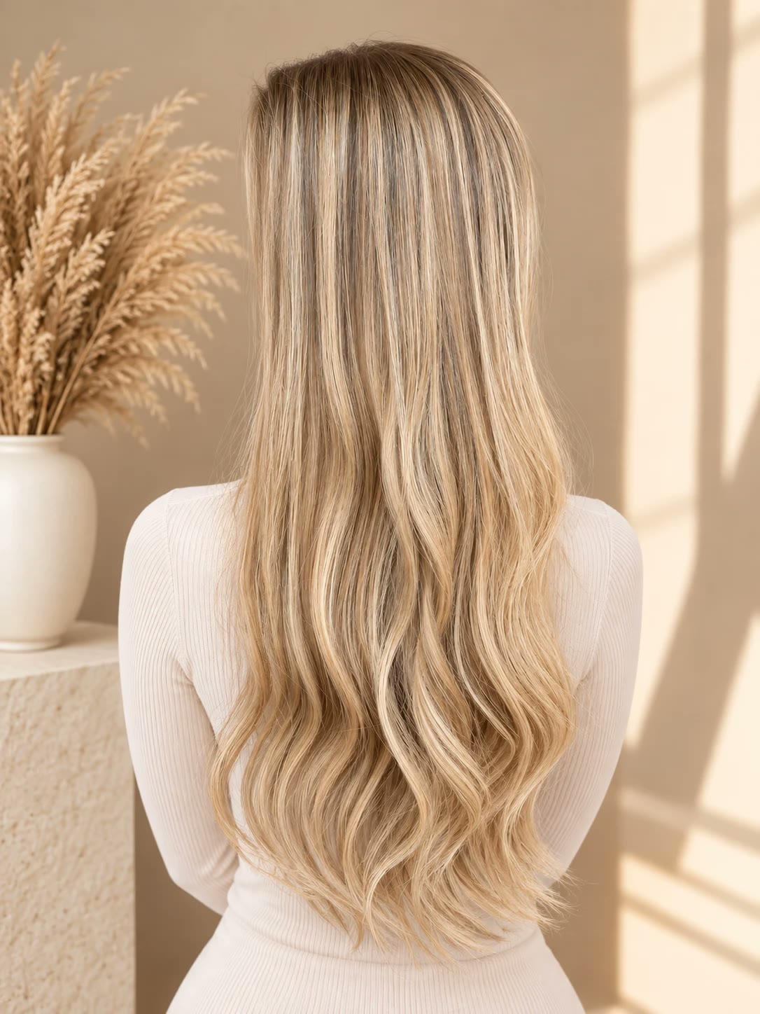 Long blonde waves with soft highlights