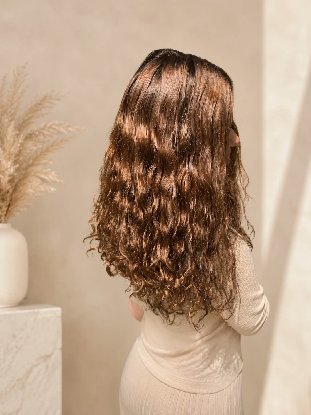Long chestnut wig in natural curls