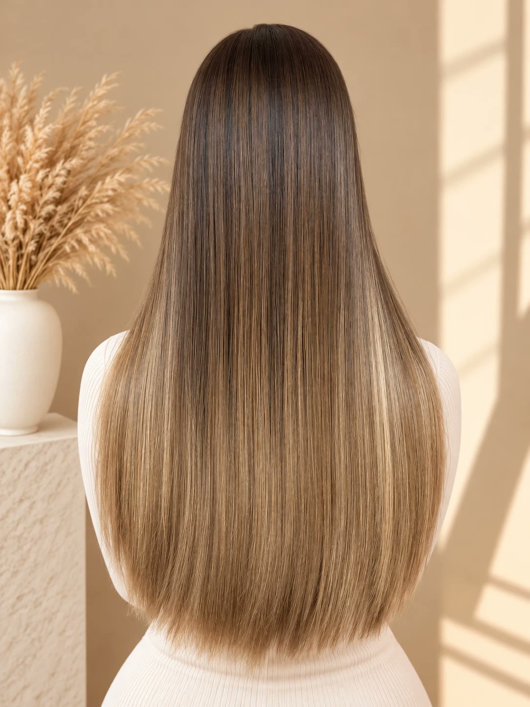 Sleek balayage hair in soft light